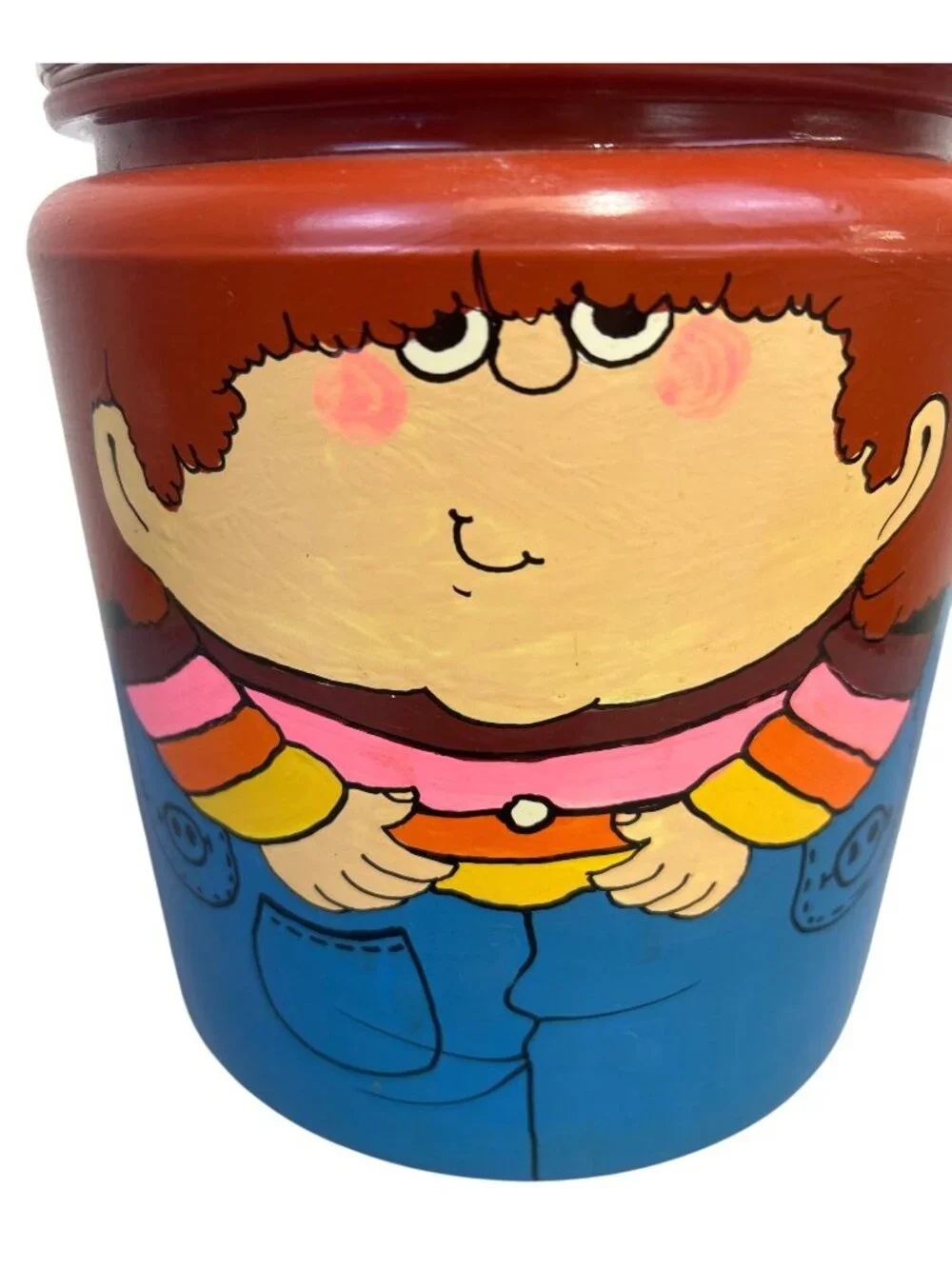 Vintage Hand Painted Ceramic Cookie Jar Whimsical Boy Folk Art Kitchen Canister